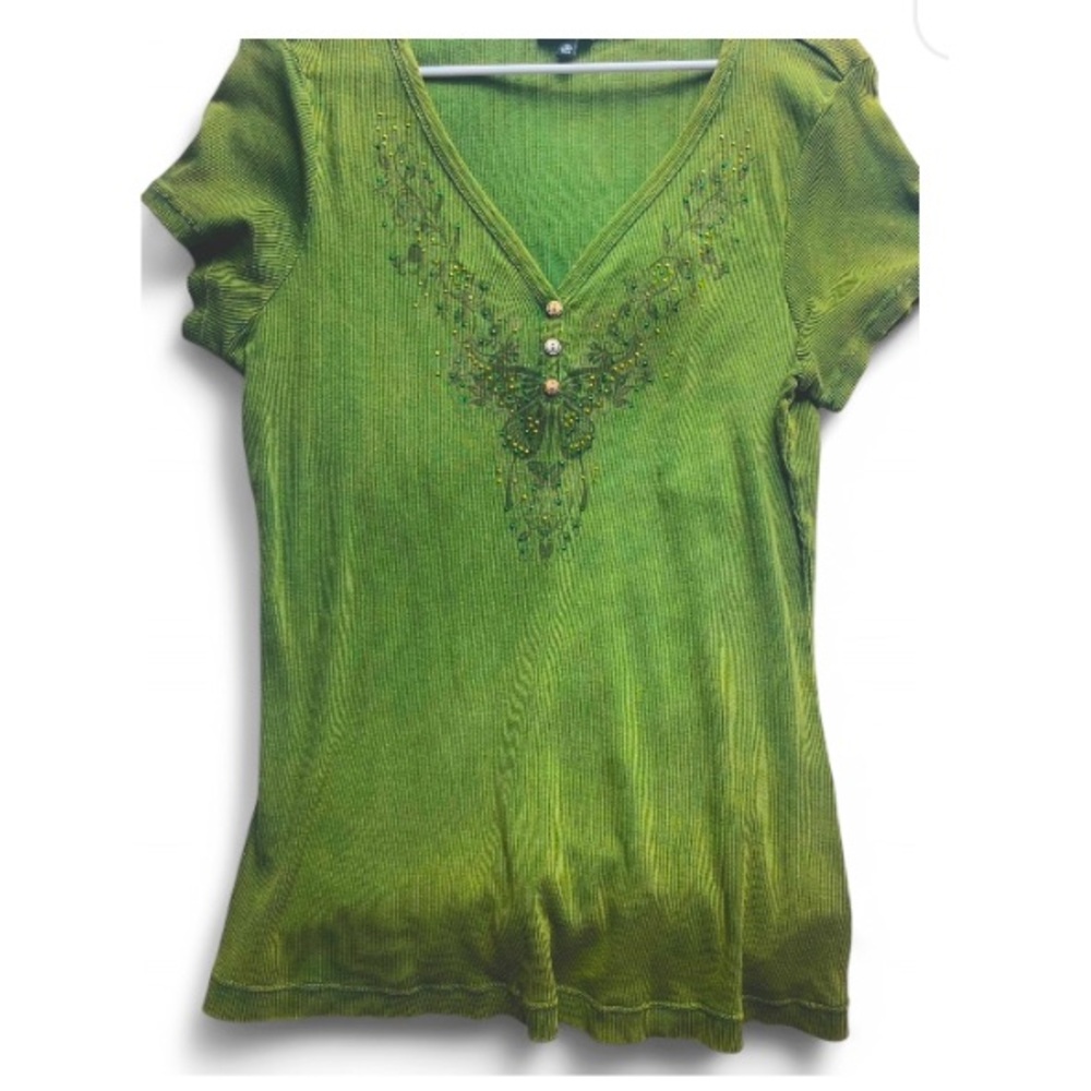 Green Fitted Embellished Blouse